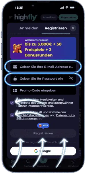 HighFly sign up E-Mail-Adresse eintragen